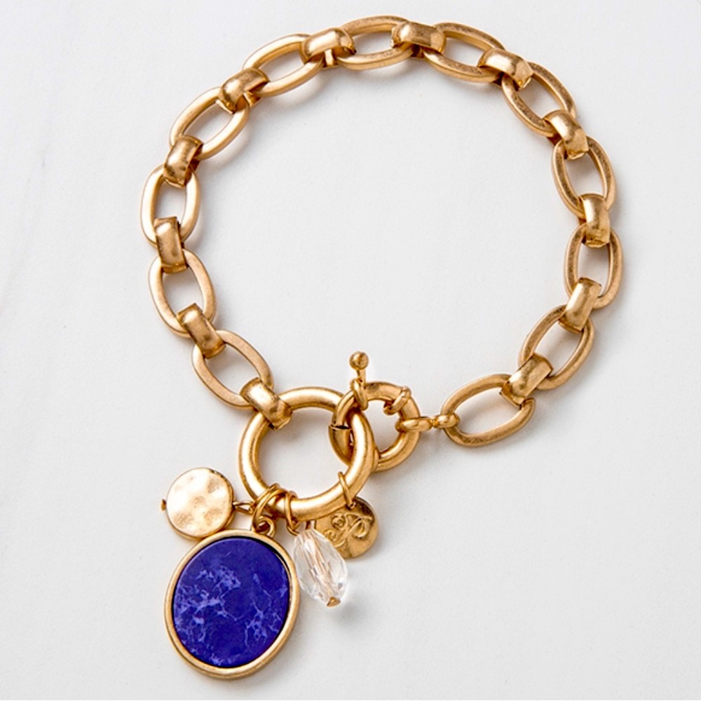 Matte Gold Link Bracelet With Blue Marbled Navy Blue Pendant - NWT - Picture 2 of 5